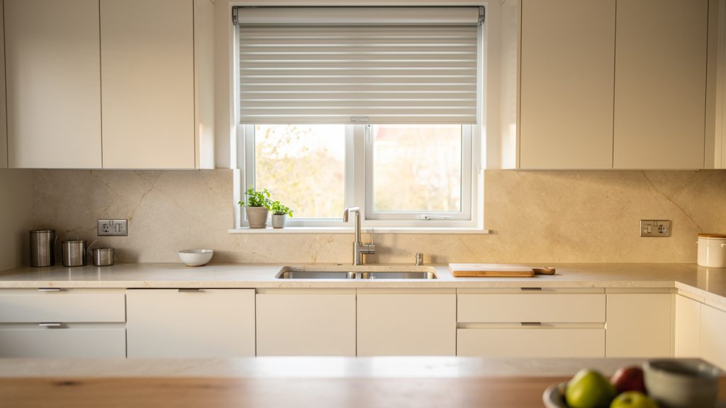 Cuisine rénovée lumineuse avec une fenêtre équipée d’un volet roulant discret en aluminium, éclairage naturel et finitions claires.