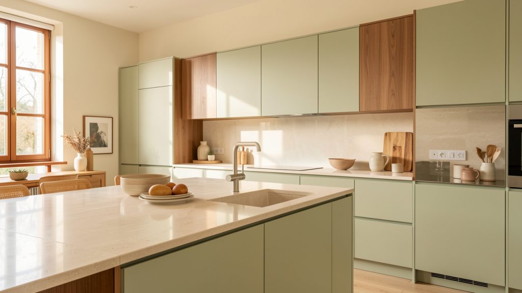 Cuisine contemporaine rénovée, lumineuse et élégante, avec plan de travail dégagé et rangements intégrés.