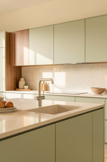 Cuisine contemporaine rénovée, lumineuse et élégante, avec plan de travail dégagé et rangements intégrés.