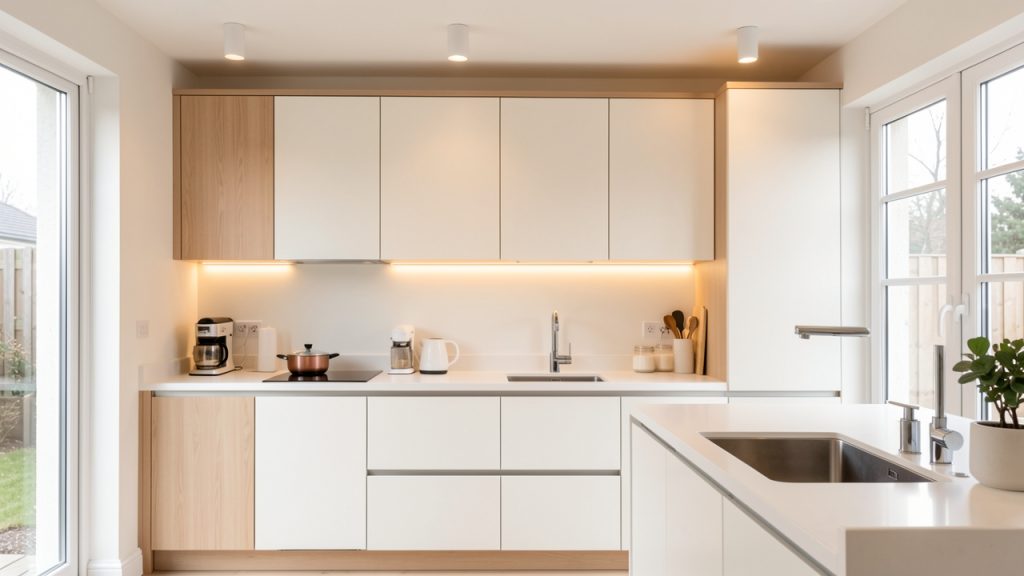Cuisine moderne rénovée, lumineuse, avec rangements intégrés et plan de travail épuré, ambiance chaleureuse grâce à un éclairage doux et naturel.