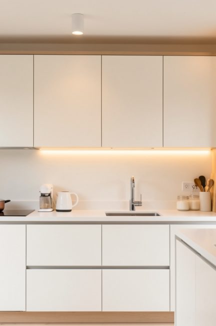 Cuisine moderne rénovée, lumineuse, avec rangements intégrés et plan de travail épuré, ambiance chaleureuse grâce à un éclairage doux et naturel.