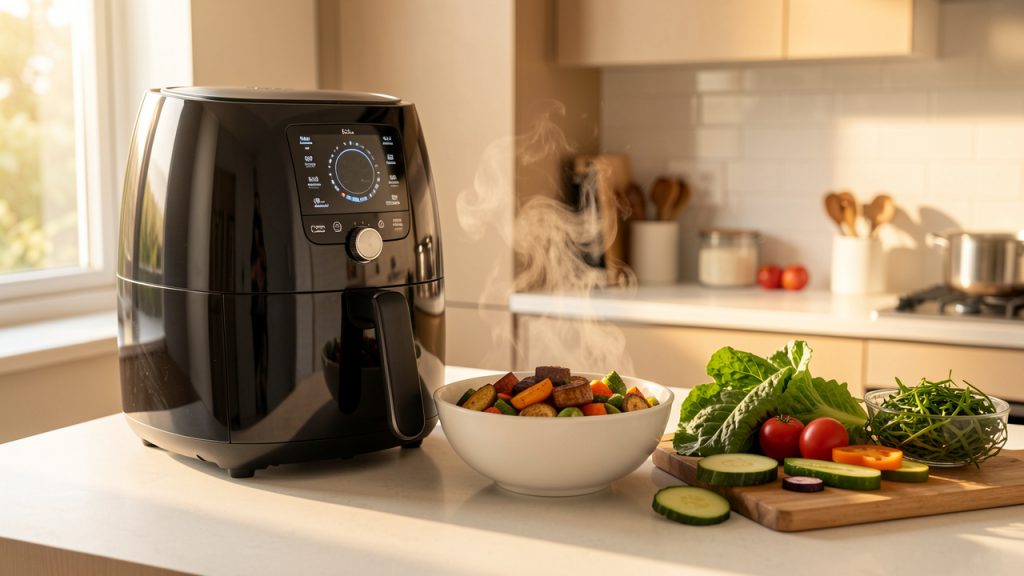 Friteuse à air posée sur un plan de travail, accompagnée d’un bol de légumes rôtis et d’ingrédients frais dans une cuisine lumineuse.