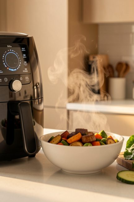 Friteuse à air posée sur un plan de travail, accompagnée d’un bol de légumes rôtis et d’ingrédients frais dans une cuisine lumineuse.