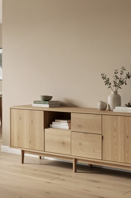 Buffet bas aux lignes épurées dans une salle à manger ouverte et dégagée, avec des couleurs naturelles et un espace de circulation généreux.