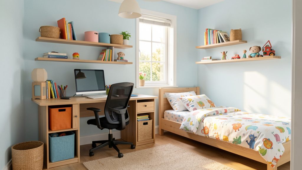 Chambre d’enfant lumineuse aménagée avec un bureau compact et du mobilier adapté à la fois au télétravail et à la vie quotidienne.