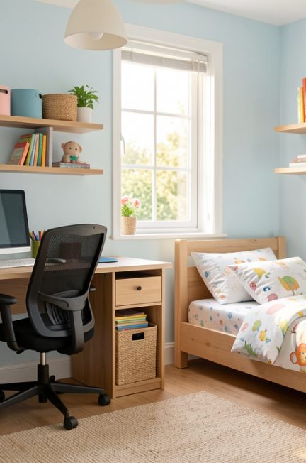 Chambre d’enfant lumineuse aménagée avec un bureau compact et du mobilier adapté à la fois au télétravail et à la vie quotidienne.