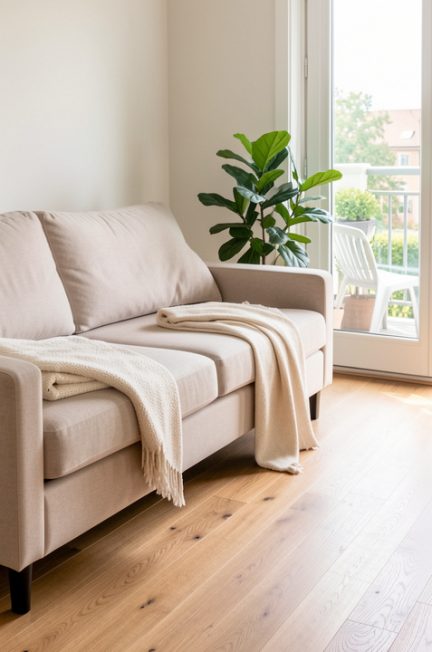 Petit salon lumineux avec un canapé convertible installé de manière à conserver un passage dégagé vers le balcon.