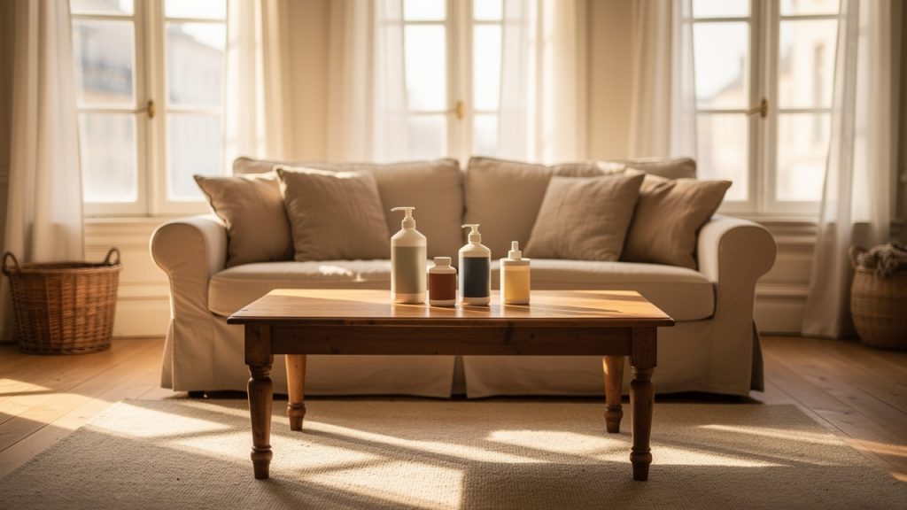 Salon lumineux et chaleureux d’une maison française, soigneusement rangé, avec quelques produits d’entretien discrets posés sur une table en bois.