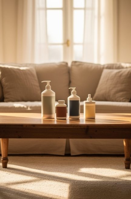Salon lumineux et chaleureux d’une maison française, soigneusement rangé, avec quelques produits d’entretien discrets posés sur une table en bois.