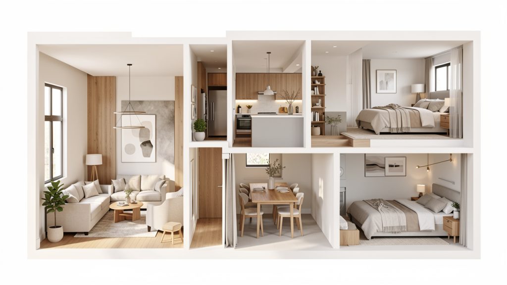 Maison lumineuse présentée en vue en coupe, avec des espaces intérieurs bien organisés, un mobilier contemporain et une ambiance chaleureuse et fonctionnelle.
