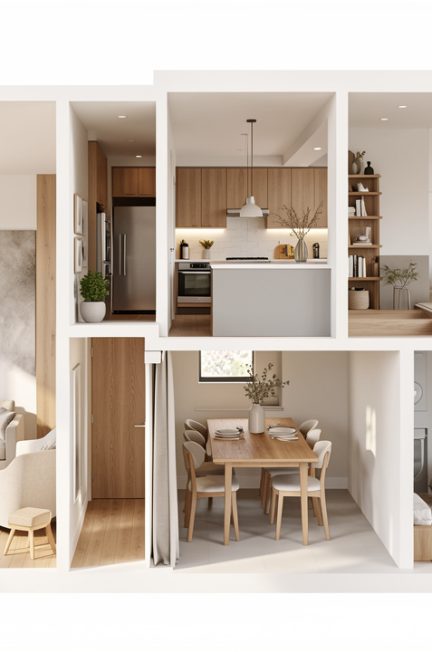 Maison lumineuse présentée en vue en coupe, avec des espaces intérieurs bien organisés, un mobilier contemporain et une ambiance chaleureuse et fonctionnelle.