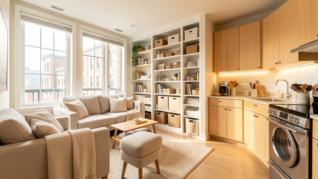 Intérieur d’un appartement montréalais lumineux et chaleureux, avec mobilier fonctionnel, rangements bien organisés et équipements domestiques modernes.