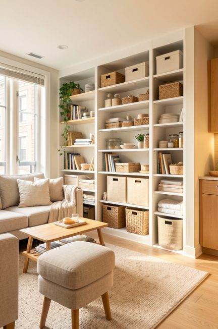 Intérieur d’un appartement montréalais lumineux et chaleureux, avec mobilier fonctionnel, rangements bien organisés et équipements domestiques modernes.
