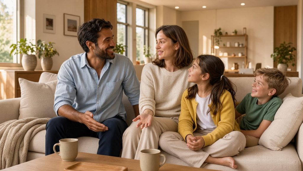 Famille détendue réunie dans un salon moderne, lumineux, chaleureux et parfaitement rangé.