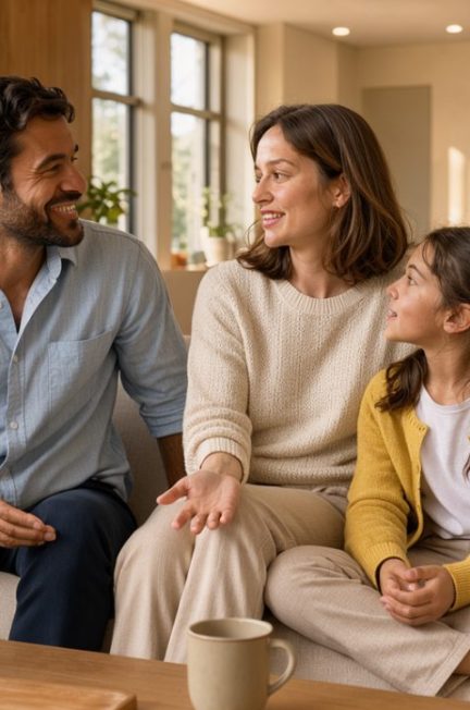 Famille détendue réunie dans un salon moderne, lumineux, chaleureux et parfaitement rangé.