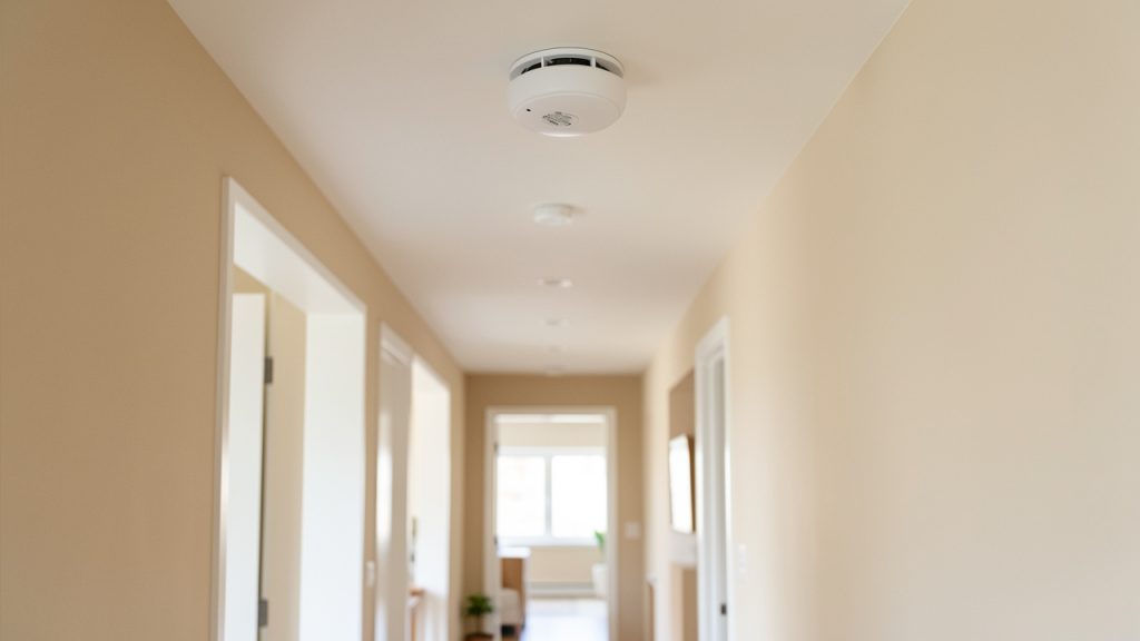 Intérieur de maison lumineux avec un détecteur de fumée blanc installé au plafond d’un couloir propre et moderne.