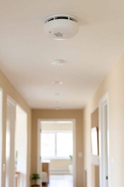 Intérieur de maison lumineux avec un détecteur de fumée blanc installé au plafond d’un couloir propre et moderne.