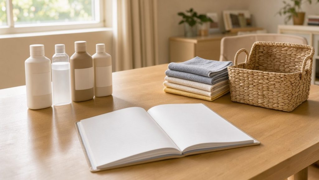 Intérieur de maison lumineux avec un planning vierge et des produits d’entretien soigneusement rangés sur une table en bois.