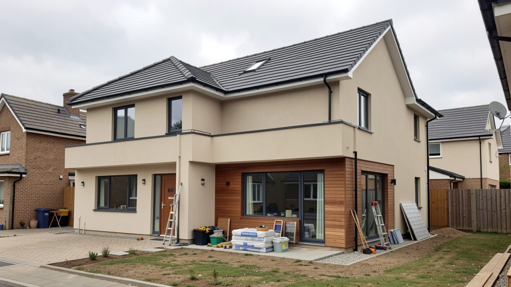 Maison contemporaine en rénovation extérieure avec toiture, fenêtres et revêtement visibles sous une lumière naturelle douce.