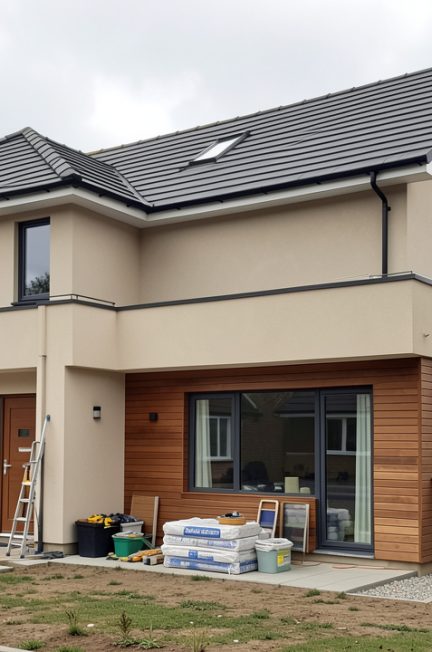 Maison contemporaine en rénovation extérieure avec toiture, fenêtres et revêtement visibles sous une lumière naturelle douce.