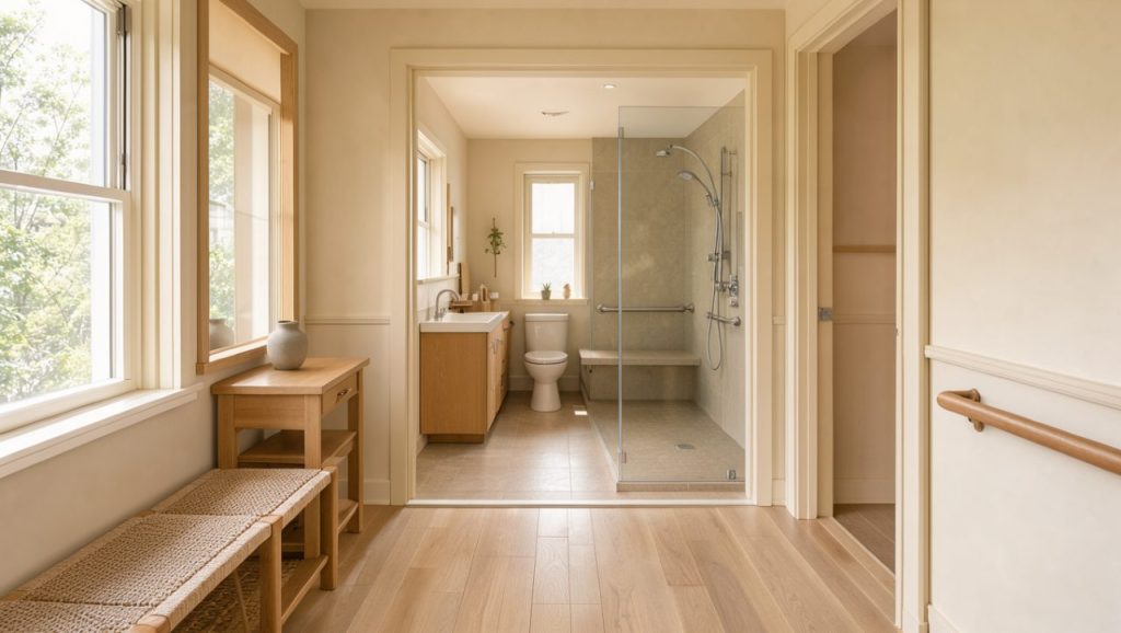 Intérieur de maison lumineux et chaleureux avec un couloir dégagé menant à une salle de bains moderne, accessible et sécurisée.