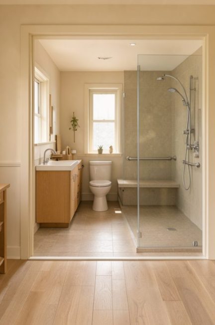 Intérieur de maison lumineux et chaleureux avec un couloir dégagé menant à une salle de bains moderne, accessible et sécurisée.