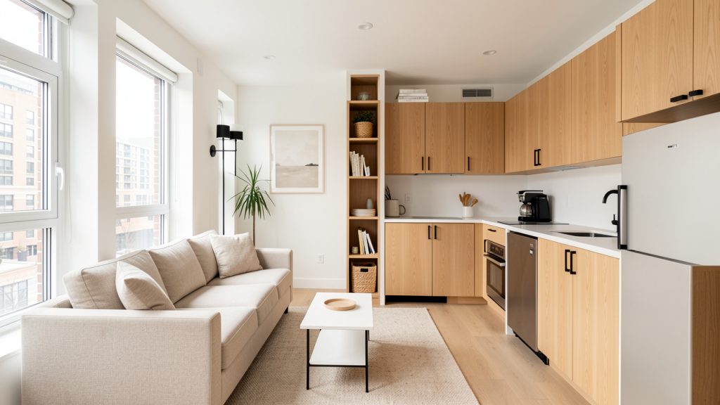 Petit condo montréalais lumineux avec mobilier modulable, rangements intégrés et cuisine compacte contemporaine.