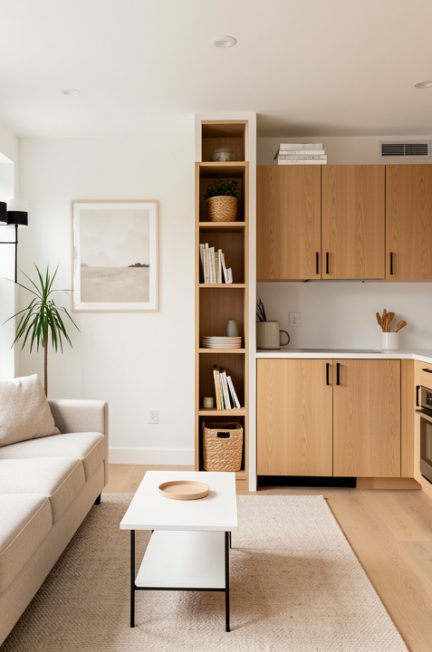 Petit condo montréalais lumineux avec mobilier modulable, rangements intégrés et cuisine compacte contemporaine.