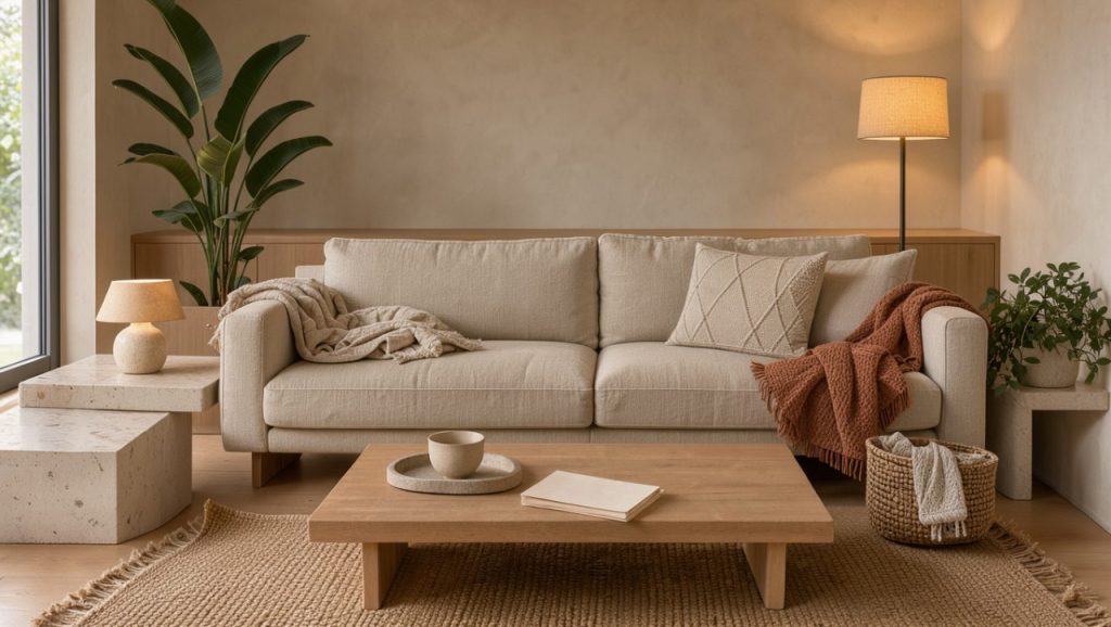 Salon contemporain chaleureux avec canapé confortable, plantes vertes, matières naturelles et plusieurs éclairages doux.
