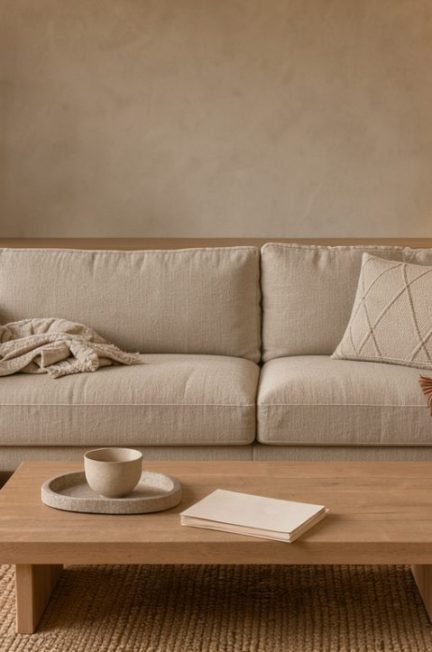 Salon contemporain chaleureux avec canapé confortable, plantes vertes, matières naturelles et plusieurs éclairages doux.