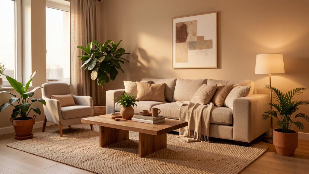 Salon contemporain harmonieux avec canapé, tapis, table basse, plantes vertes et éclairage chaleureux.