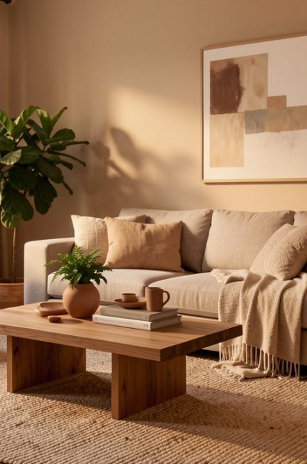 Salon contemporain harmonieux avec canapé, tapis, table basse, plantes vertes et éclairage chaleureux.