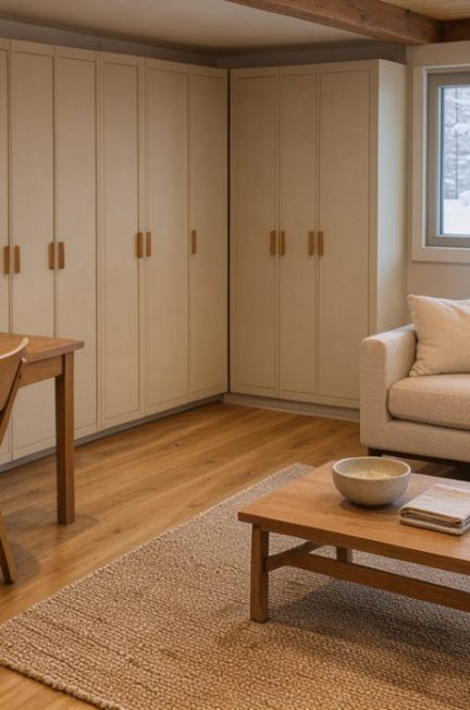 Sous-sol québécois chaleureux et bien organisé avec rangements soignés, bureau en bois, espace familial confortable et lumière hivernale douce.