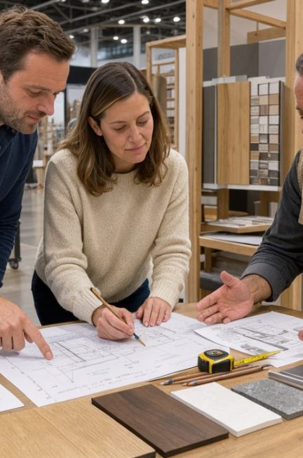 Un homme et une femme échangent avec un artisan sur un stand de salon de l’habitat, entourés de plans de rénovation et d’échantillons de matériaux.